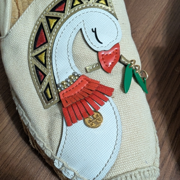 Tory Burch Cream Bird Espadrilles with Colorful Swan Design - Picture 3 of 9
